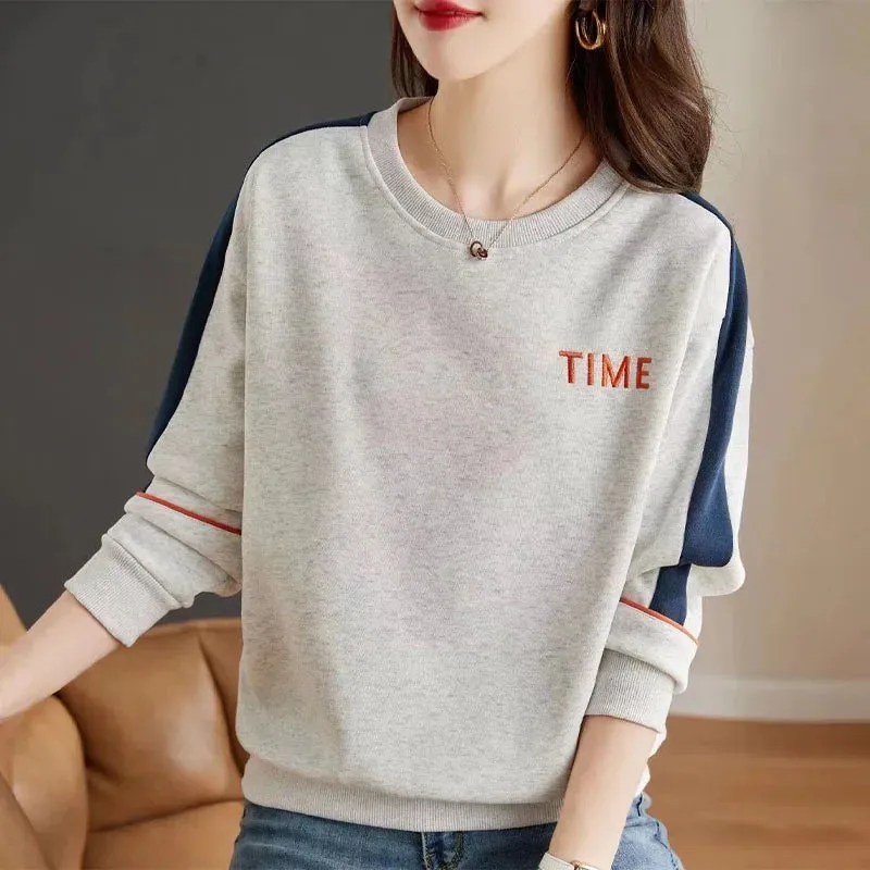 New Autumn Fashion Trend Letter Embroidery Splice Round Neck Loose Versatile Reducing Age Slim Women's Long Sleeve Sweater