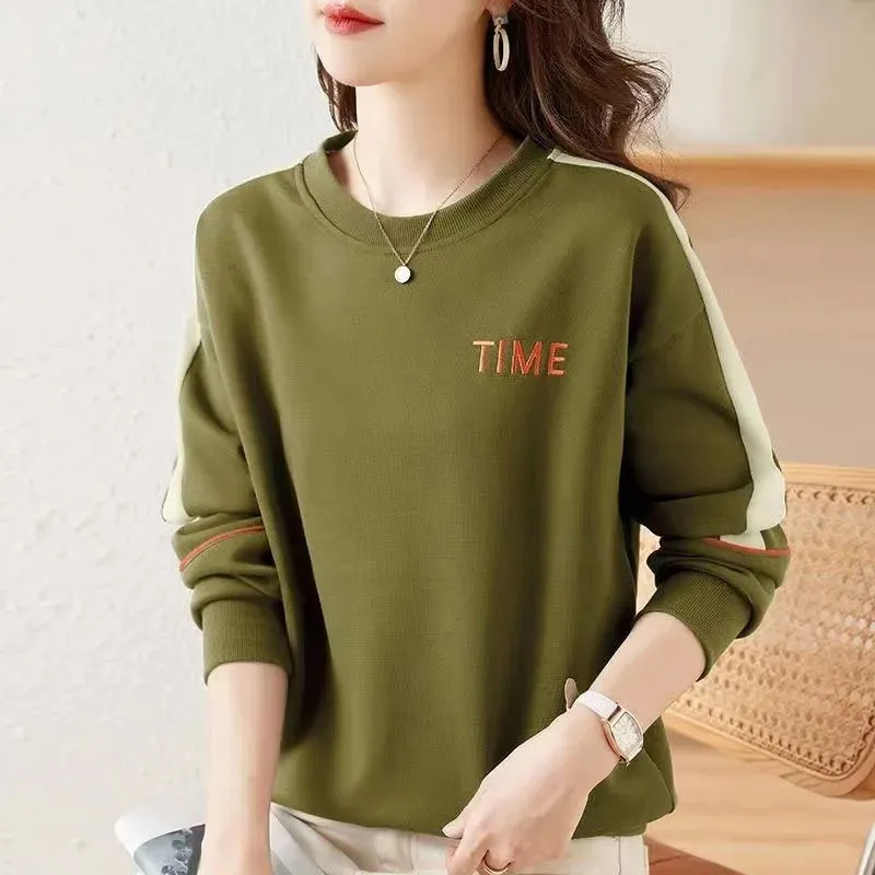 New Autumn Fashion Trend Letter Embroidery Splice Round Neck Loose Versatile Reducing Age Slim Women's Long Sleeve Sweater