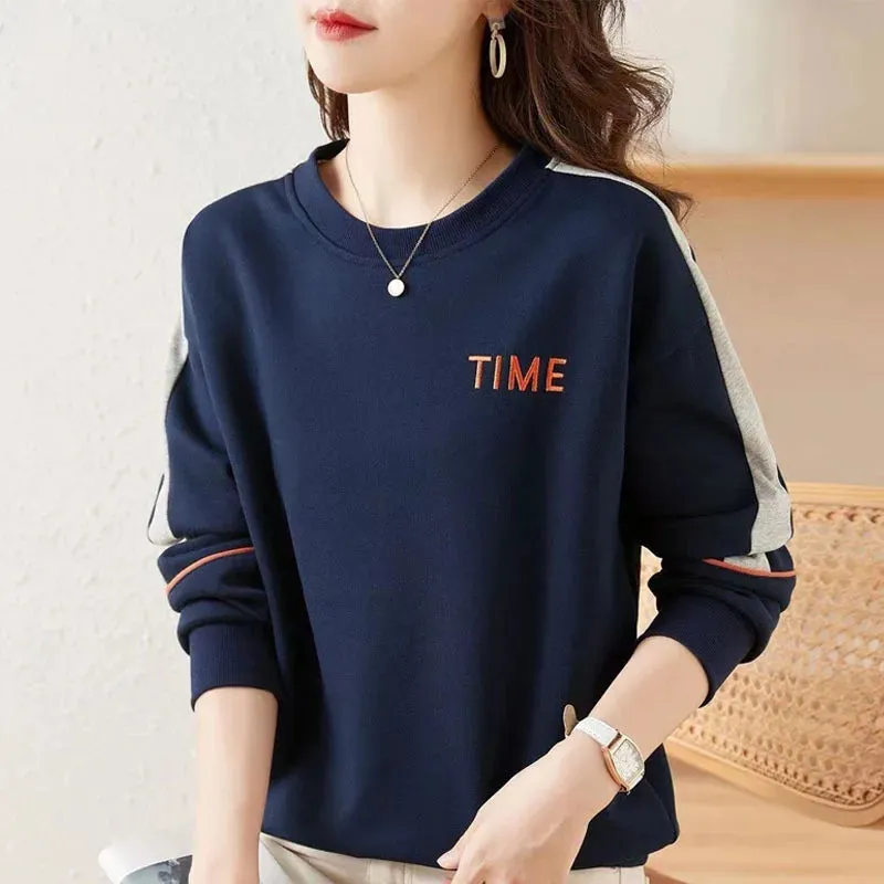 New Autumn Fashion Trend Letter Embroidery Splice Round Neck Loose Versatile Reducing Age Slim Women's Long Sleeve Sweater