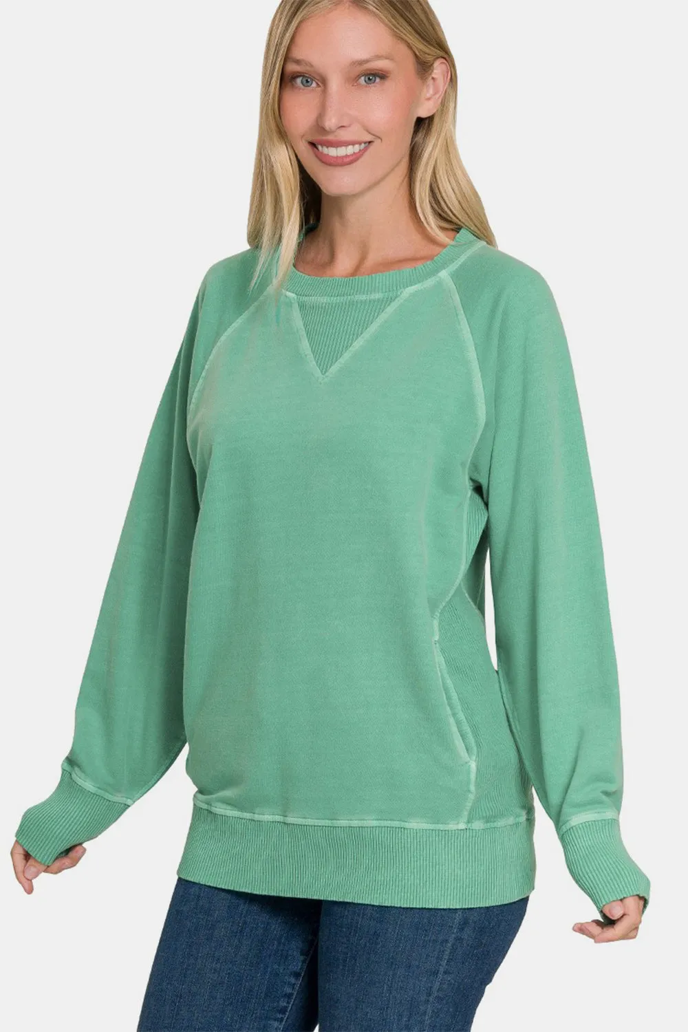 Pocketed Round Neck Long Sleeve Sweatshirt