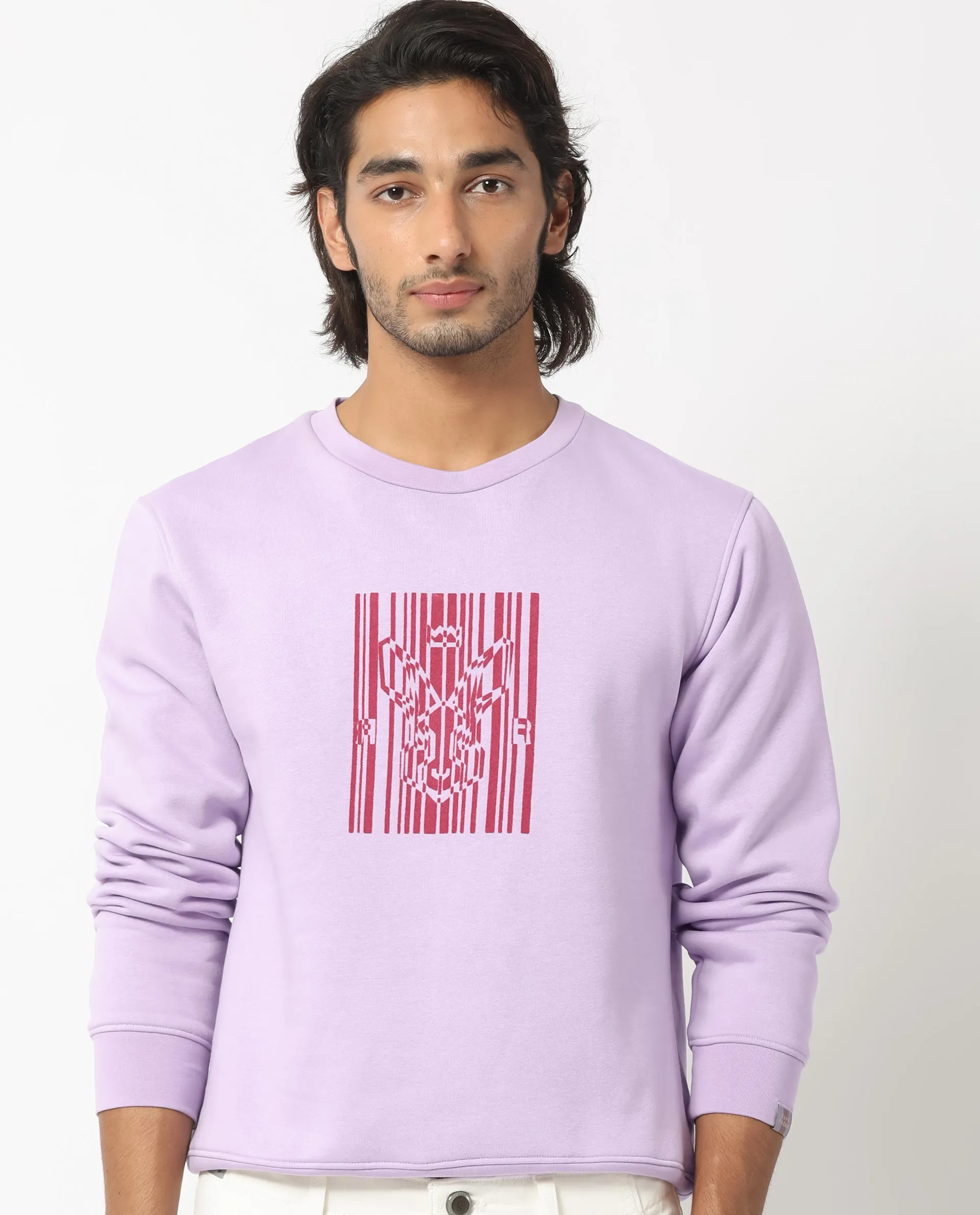 Rare Rabbit Men's Pysde Pastel Purple Cotton Polyester Fabric Full Sleeves Graphic Logo Print Sweatshirt