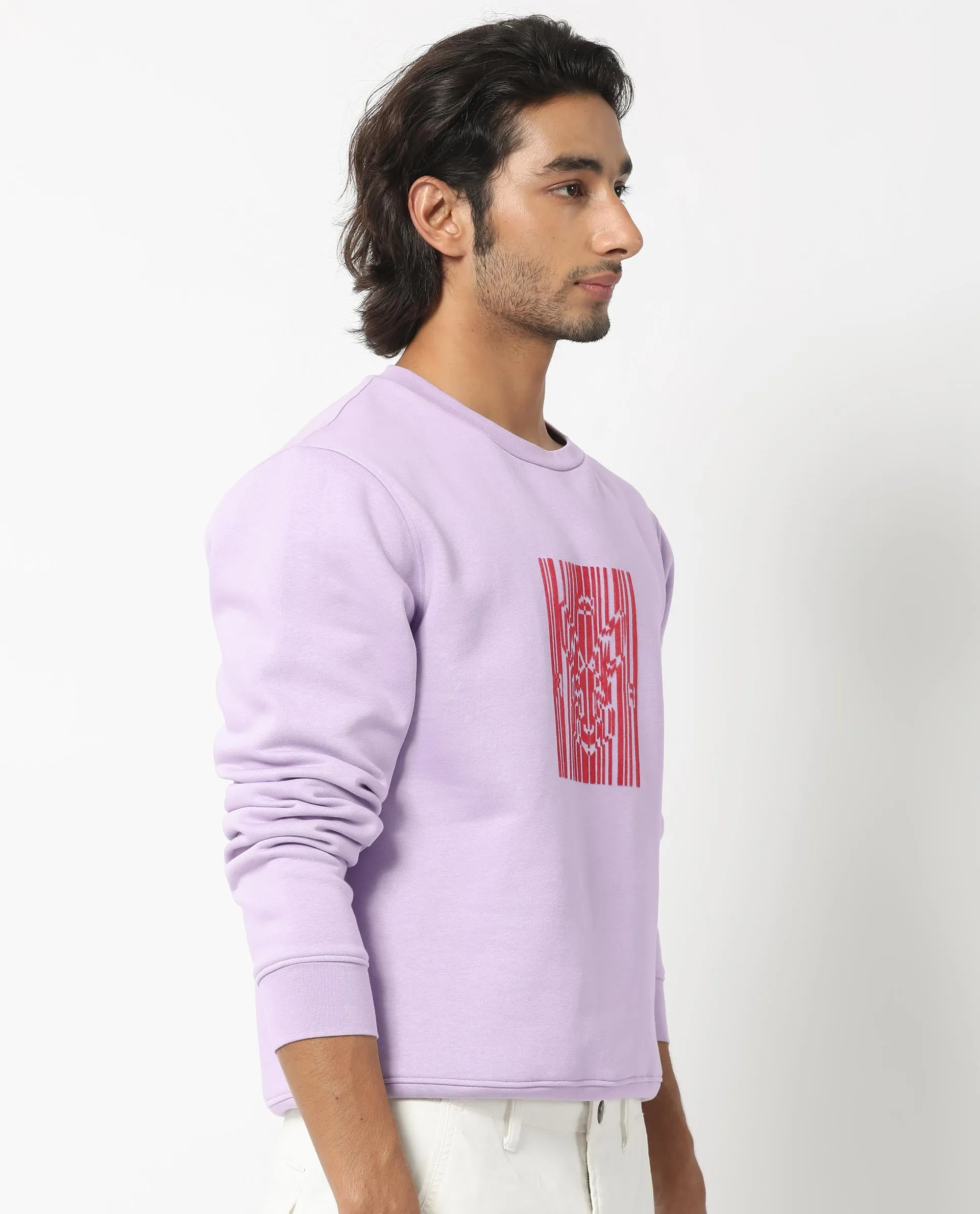 Rare Rabbit Men's Pysde Pastel Purple Cotton Polyester Fabric Full Sleeves Graphic Logo Print Sweatshirt