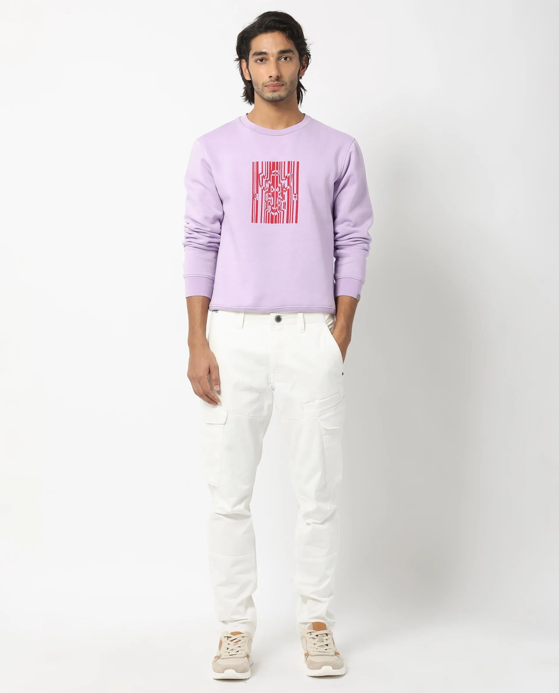 Rare Rabbit Men's Pysde Pastel Purple Cotton Polyester Fabric Full Sleeves Graphic Logo Print Sweatshirt