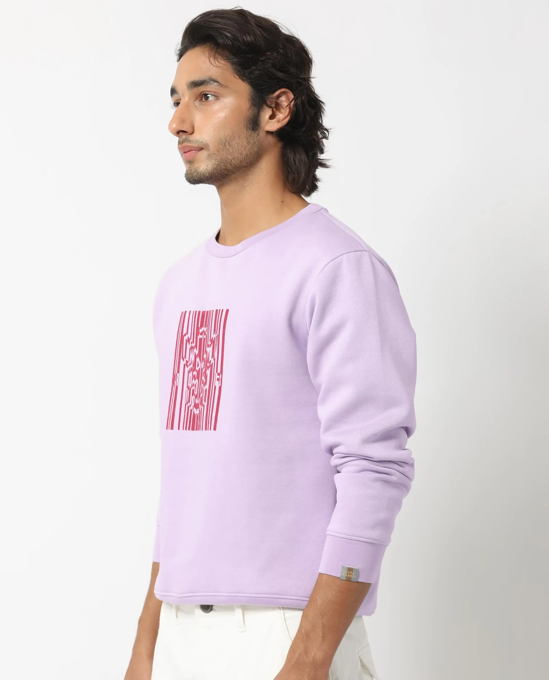 Rare Rabbit Men's Pysde Pastel Purple Cotton Polyester Fabric Full Sleeves Graphic Logo Print Sweatshirt