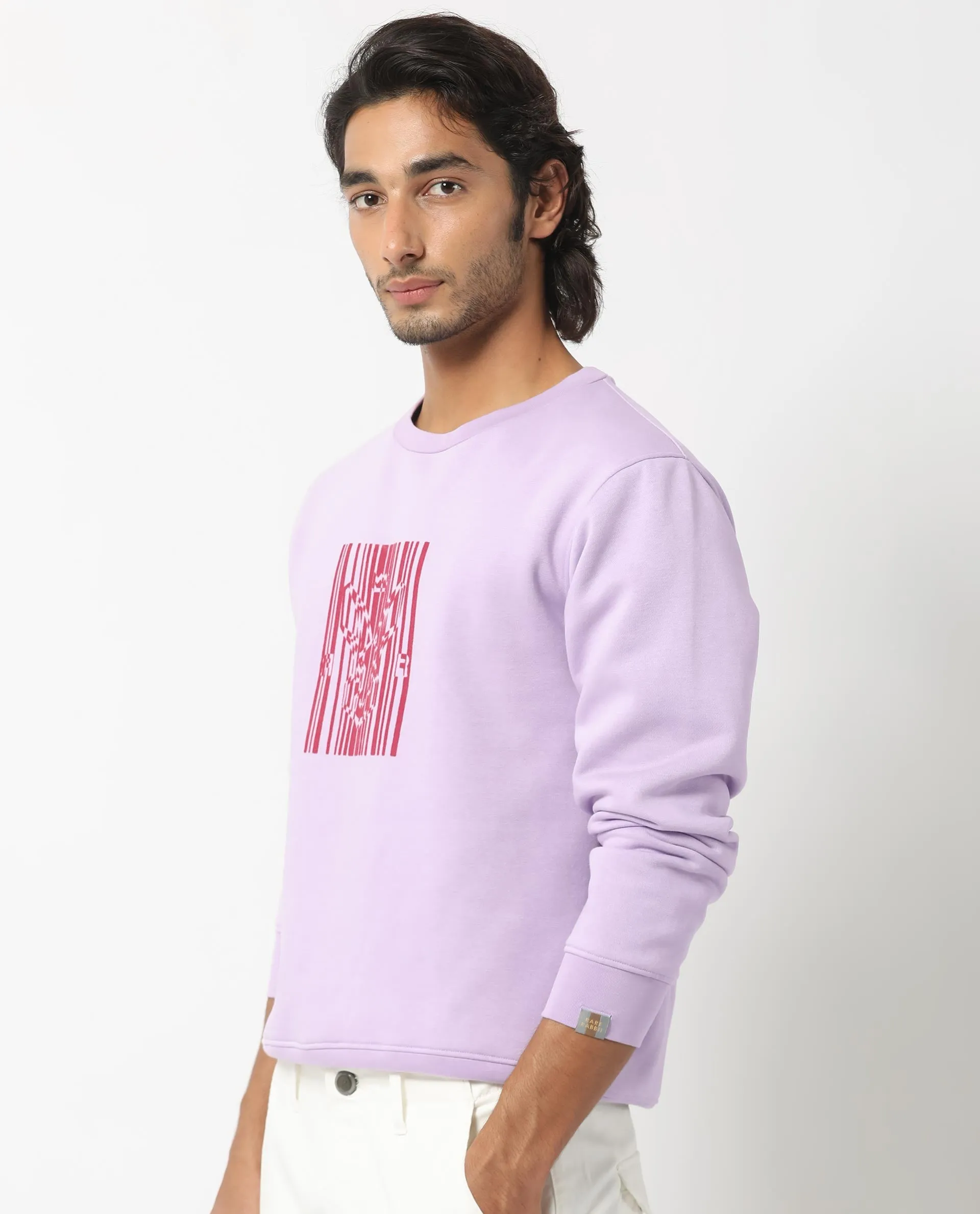 Rare Rabbit Men's Pysde Pastel Purple Cotton Polyester Fabric Full Sleeves Graphic Logo Print Sweatshirt