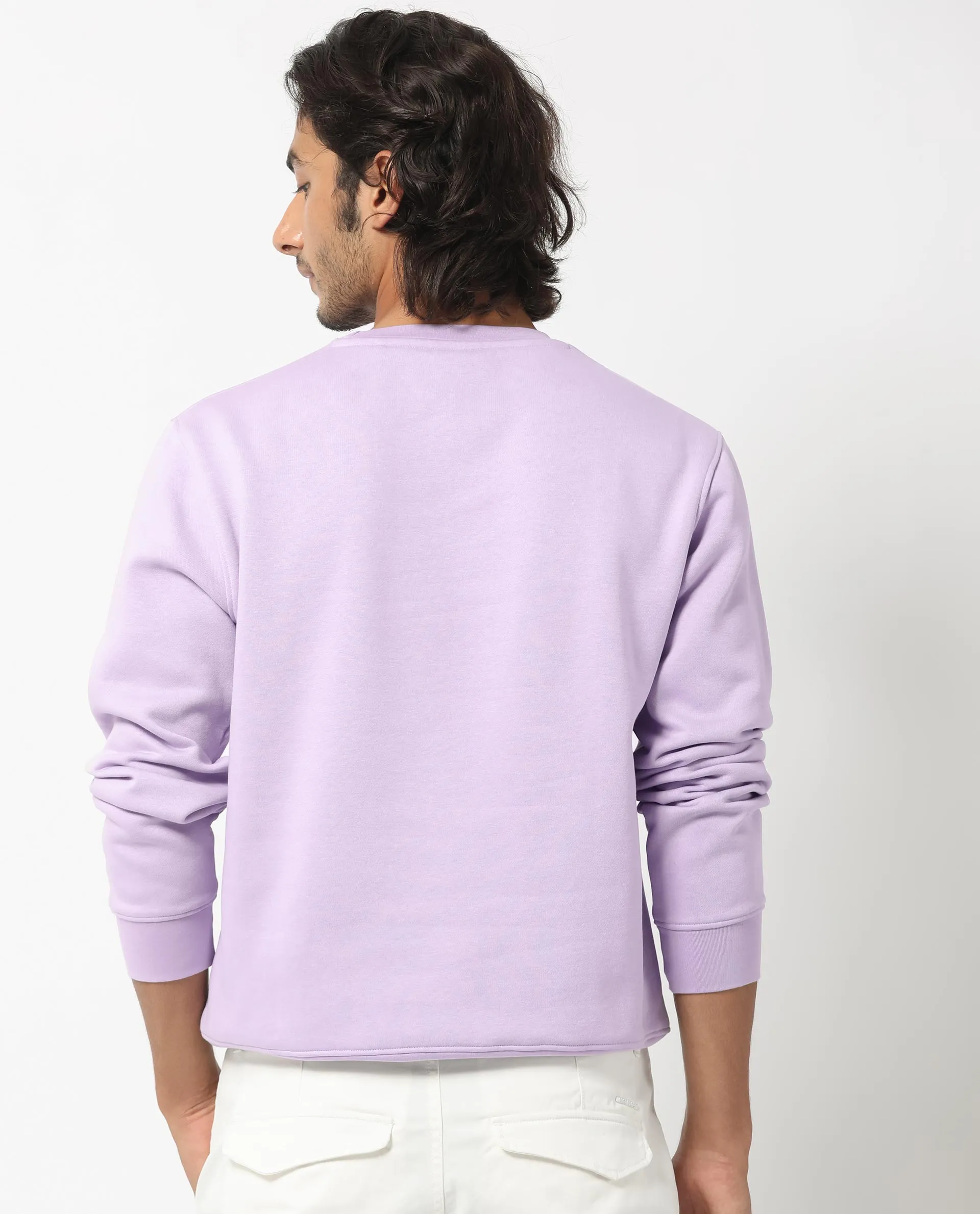 Rare Rabbit Men's Pysde Pastel Purple Cotton Polyester Fabric Full Sleeves Graphic Logo Print Sweatshirt