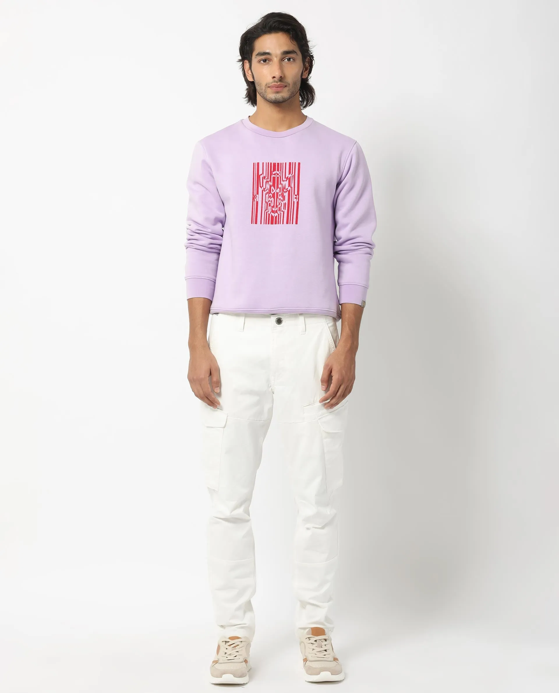 Rare Rabbit Men's Pysde Pastel Purple Cotton Polyester Fabric Full Sleeves Graphic Logo Print Sweatshirt