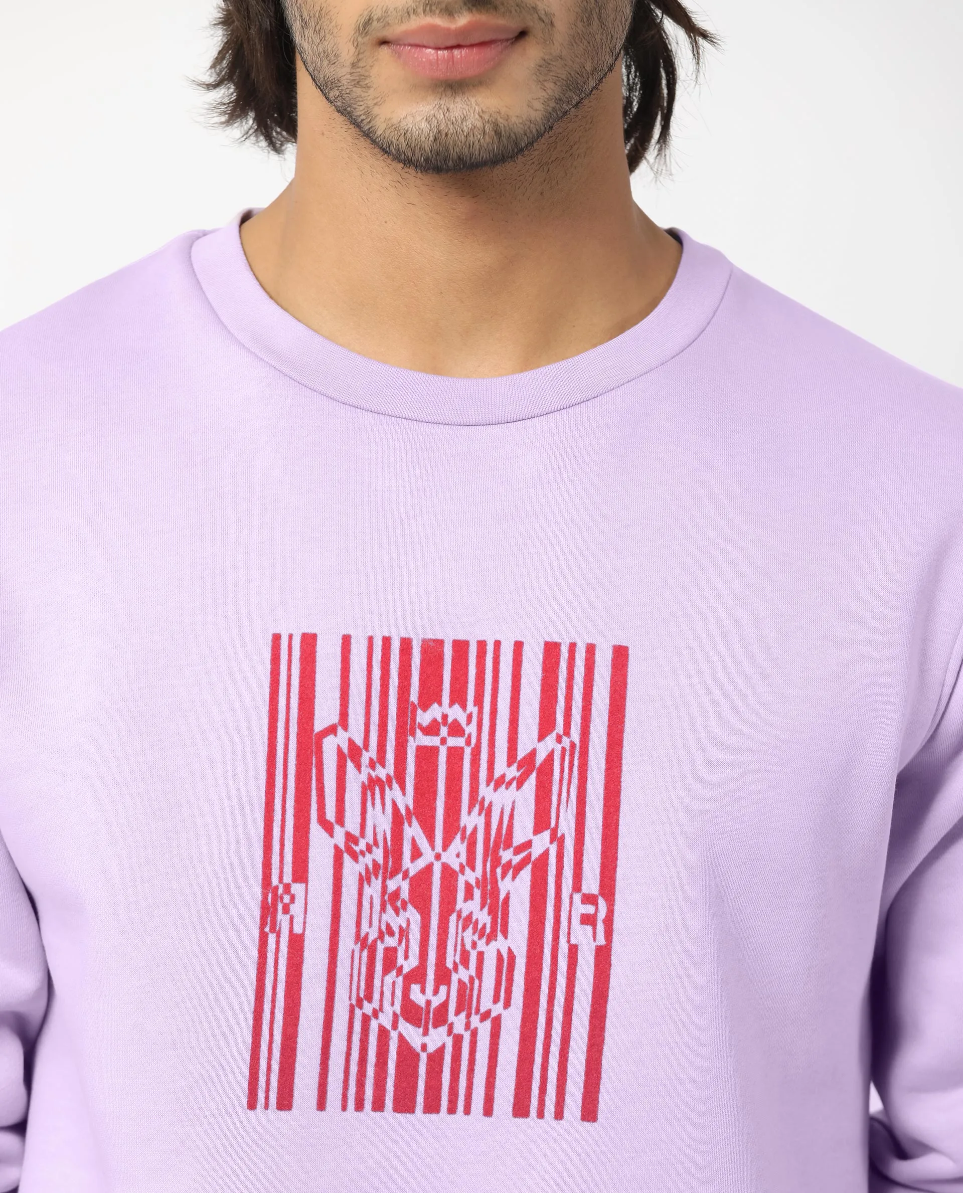 Rare Rabbit Men's Pysde Pastel Purple Cotton Polyester Fabric Full Sleeves Graphic Logo Print Sweatshirt