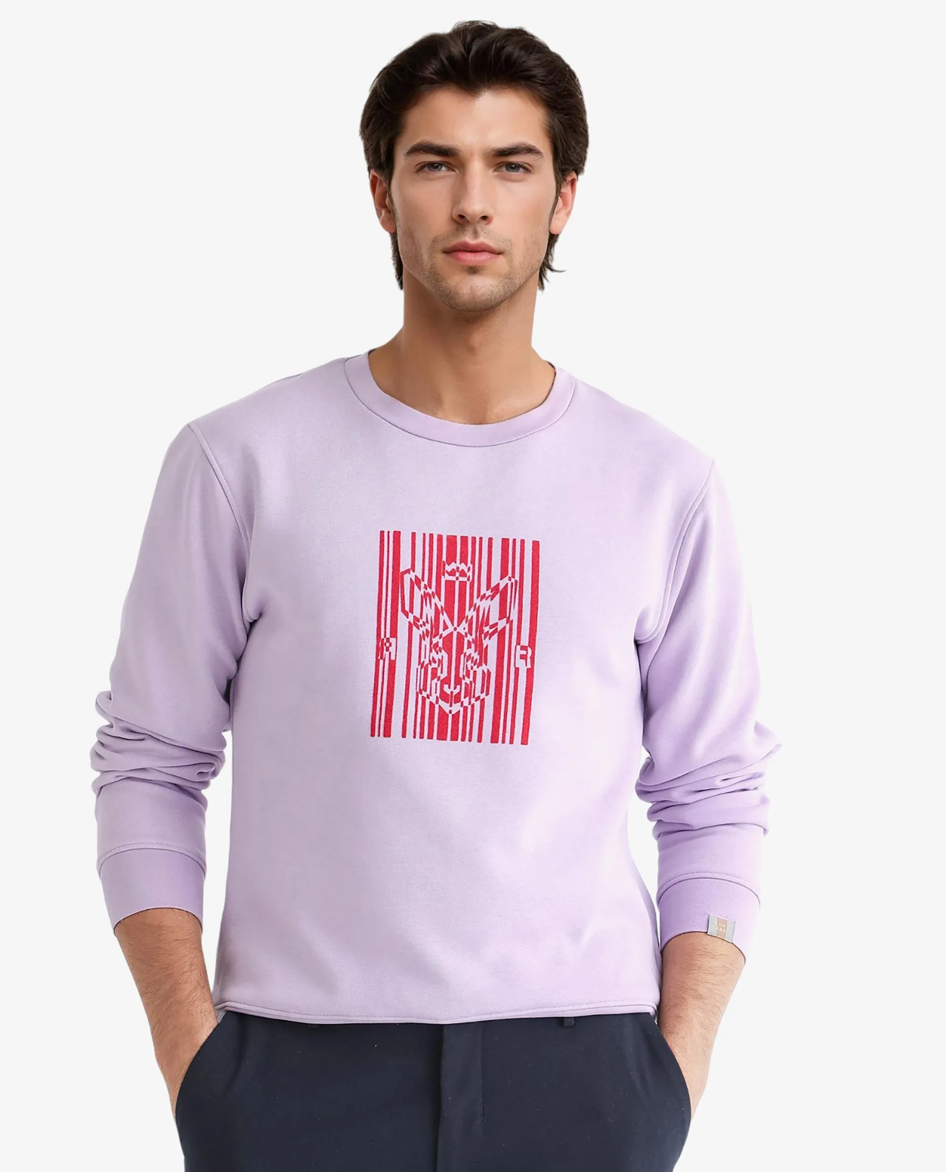 Rare Rabbit Men's Pysde Pastel Purple Cotton Polyester Fabric Full Sleeves Graphic Logo Print Sweatshirt