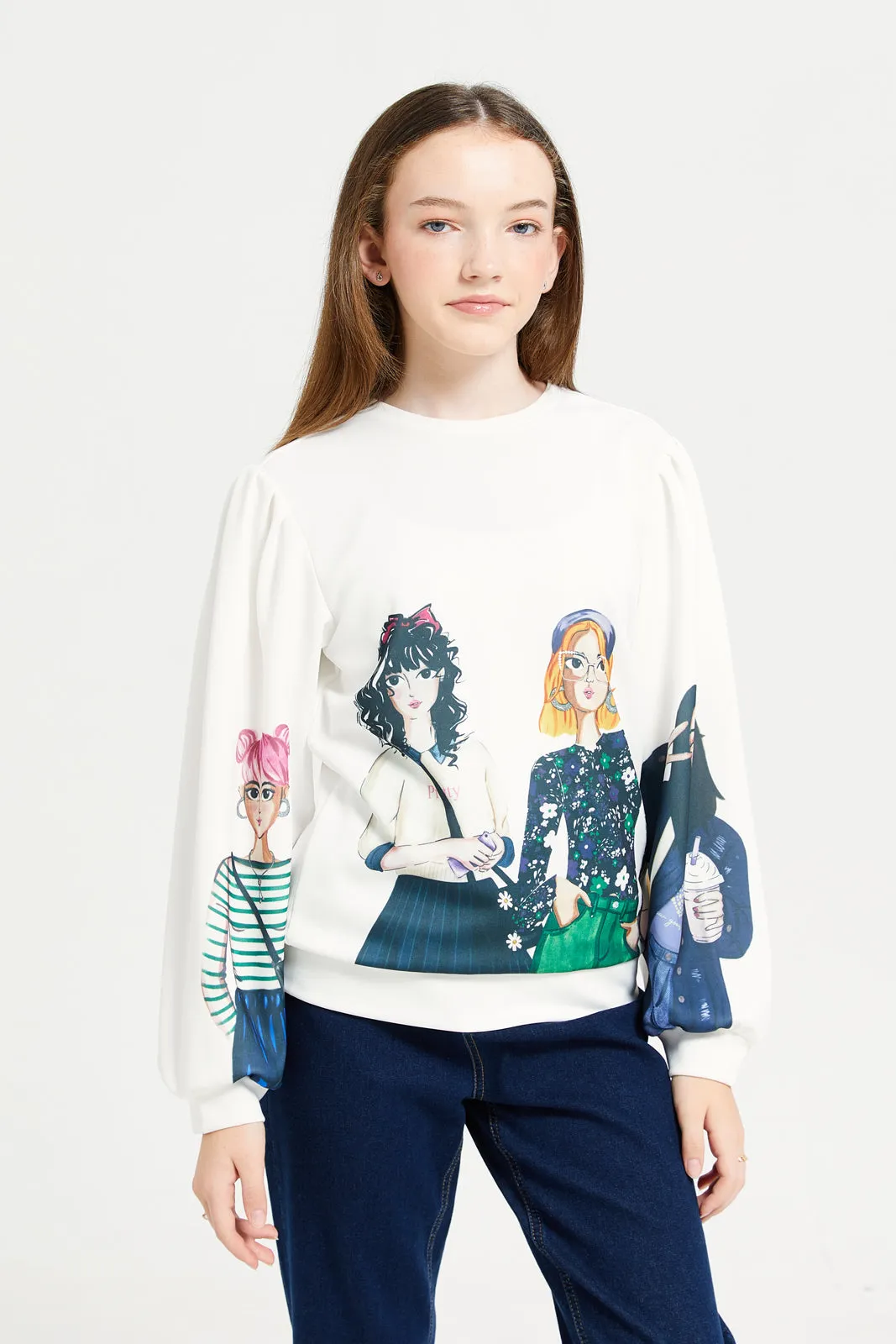 Senior Girls White Girly Print Balloon Sleeve Sweatshirt