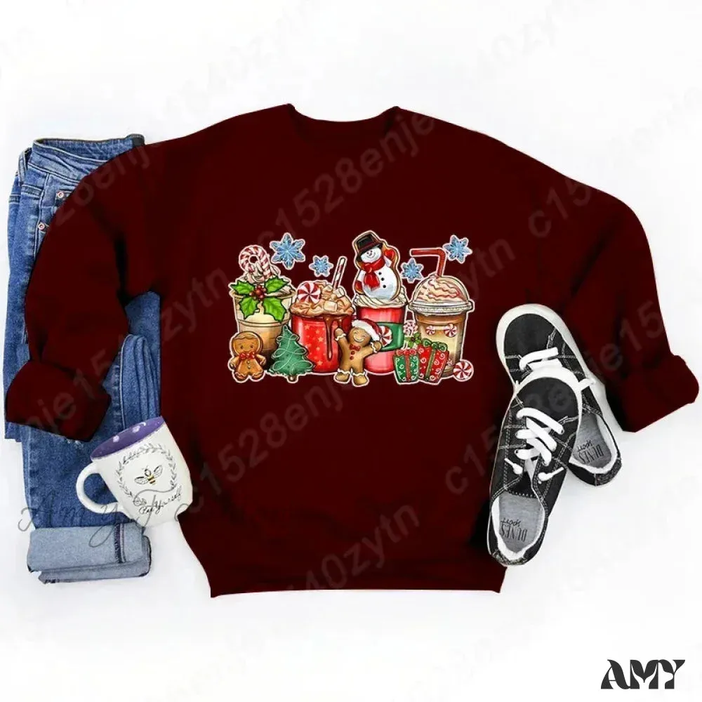 Vintage Style Christmas Hoodie - Festive Beverage Print Casual Fashion