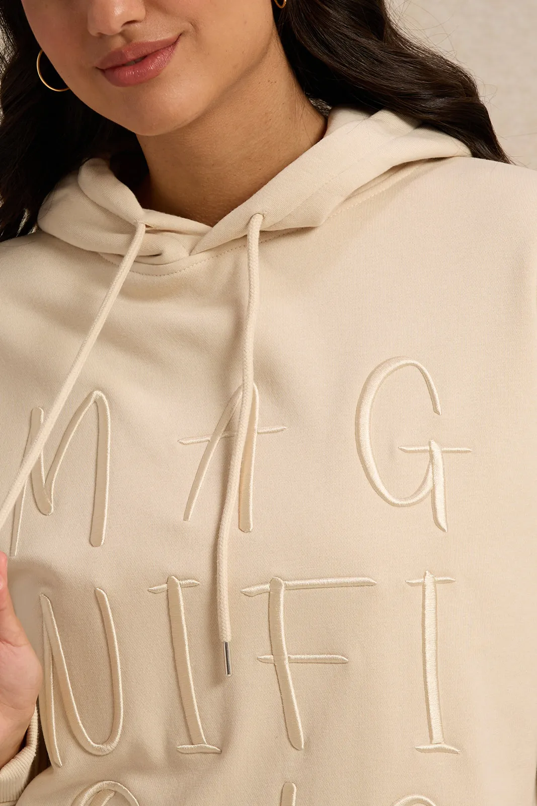 Women Beige Oversized Hooded Sweatshirt