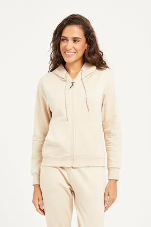 Women Beige Plain Zip Through Hoodie