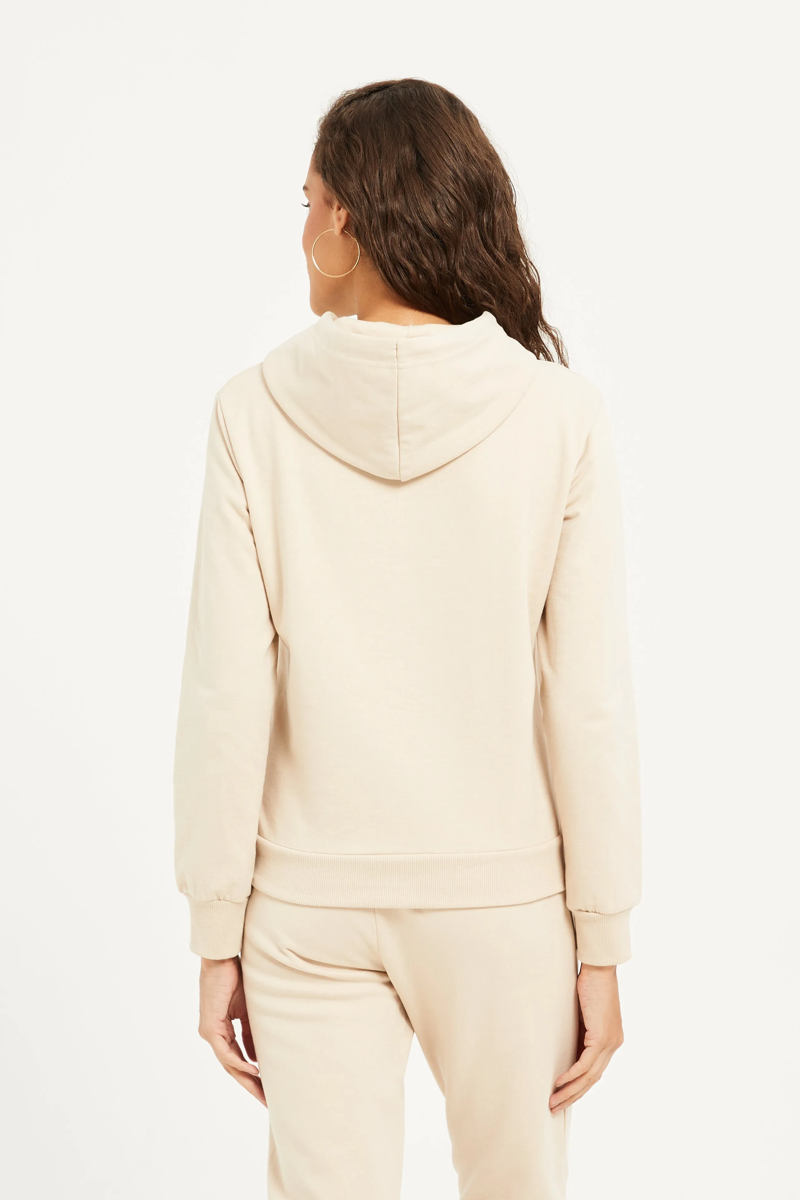 Women Beige Plain Zip Through Hoodie