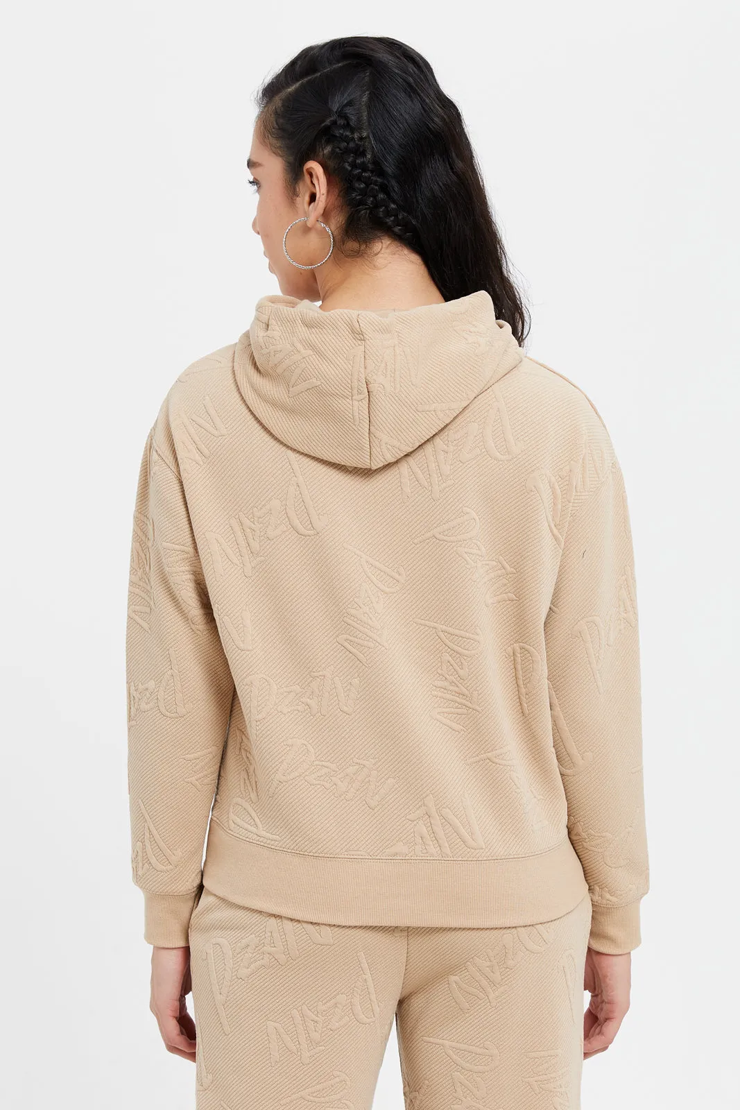 Women Brown Jacquard Long Sleeve Hooded Sweatshirt