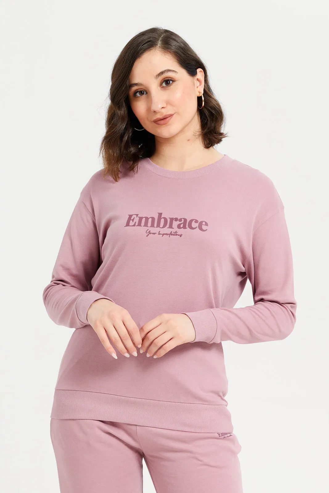 Women Mauve Printed Long Sleeve Sweatshirt