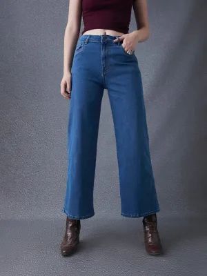 Women Premium Wide Leg Cotton Stretch Indigo Jeans