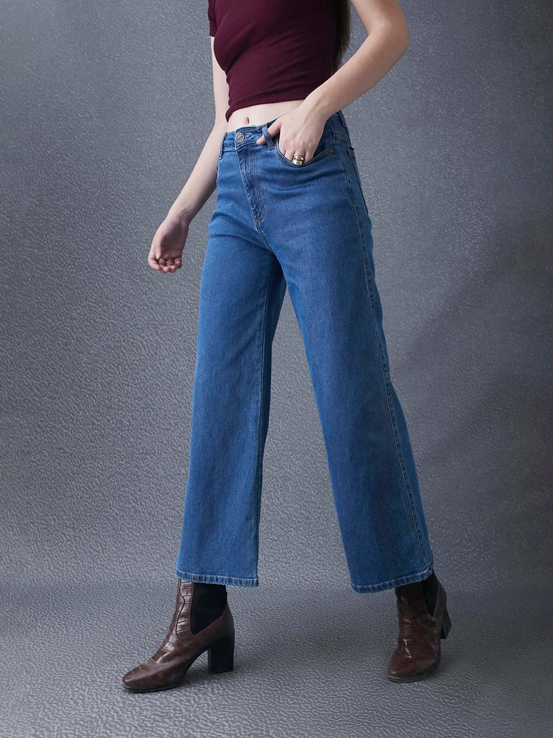 Women Premium Wide Leg Cotton Stretch Indigo Jeans