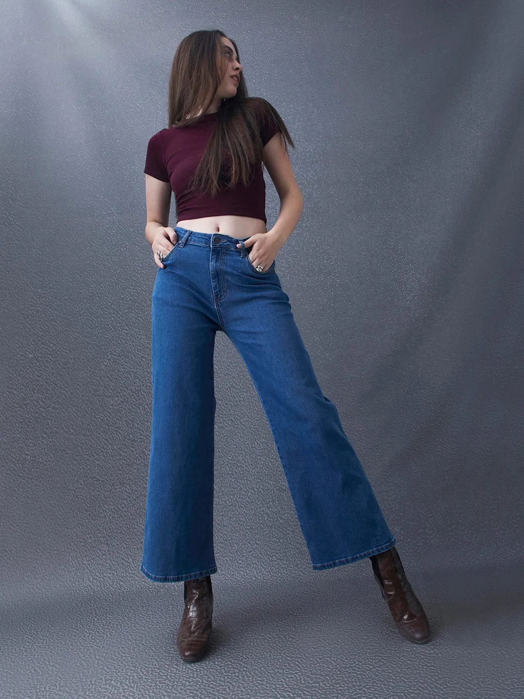 Women Premium Wide Leg Cotton Stretch Indigo Jeans