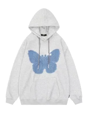 xiangtuibao Hiphop Vintage Butterfly Hoodie Fashion Women Denim Patch Fried Street Autumn Winter Plush Versatile Couple Sweatshirt Chic