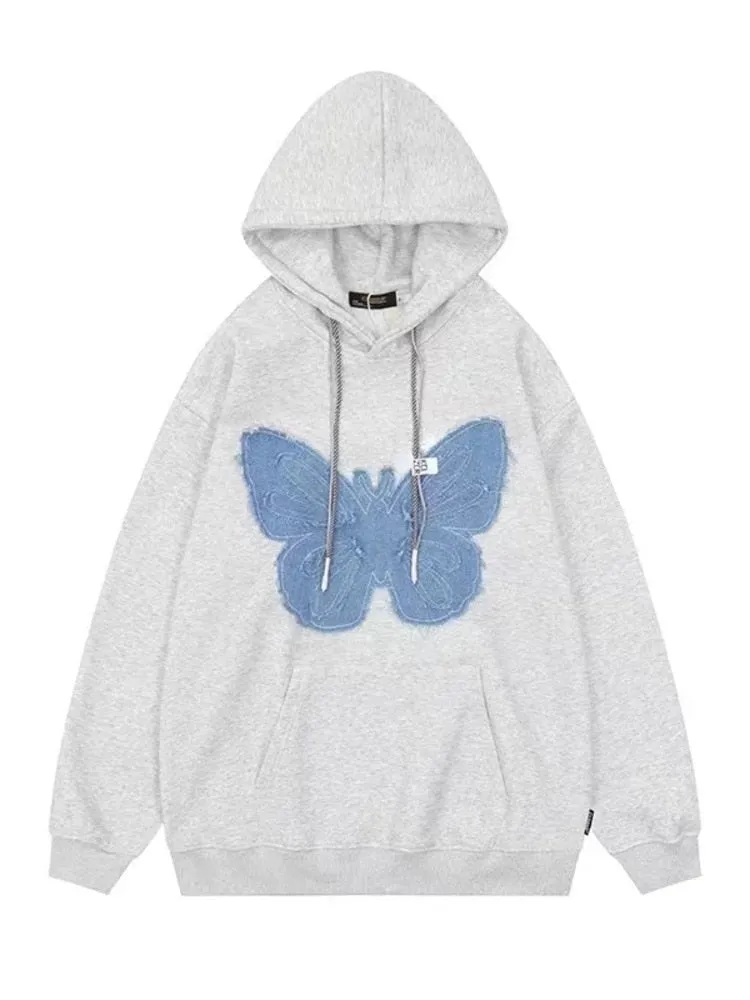 xiangtuibao Hiphop Vintage Butterfly Hoodie Fashion Women Denim Patch Fried Street Autumn Winter Plush Versatile Couple Sweatshirt Chic