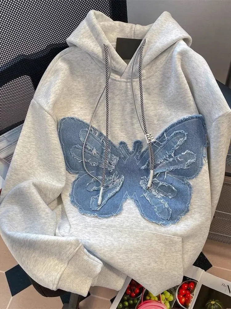 xiangtuibao Hiphop Vintage Butterfly Hoodie Fashion Women Denim Patch Fried Street Autumn Winter Plush Versatile Couple Sweatshirt Chic