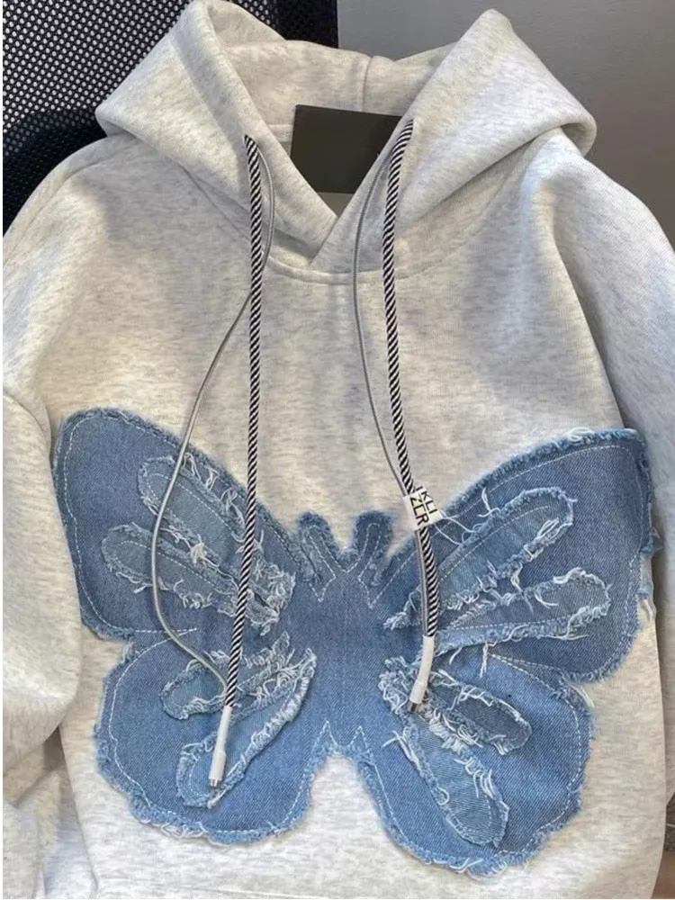 xiangtuibao Hiphop Vintage Butterfly Hoodie Fashion Women Denim Patch Fried Street Autumn Winter Plush Versatile Couple Sweatshirt Chic